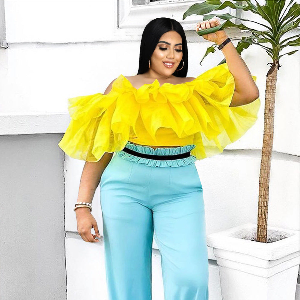 Women's Blouse with Voluminous Ruffle Sleeves and Elegant Waist Tie