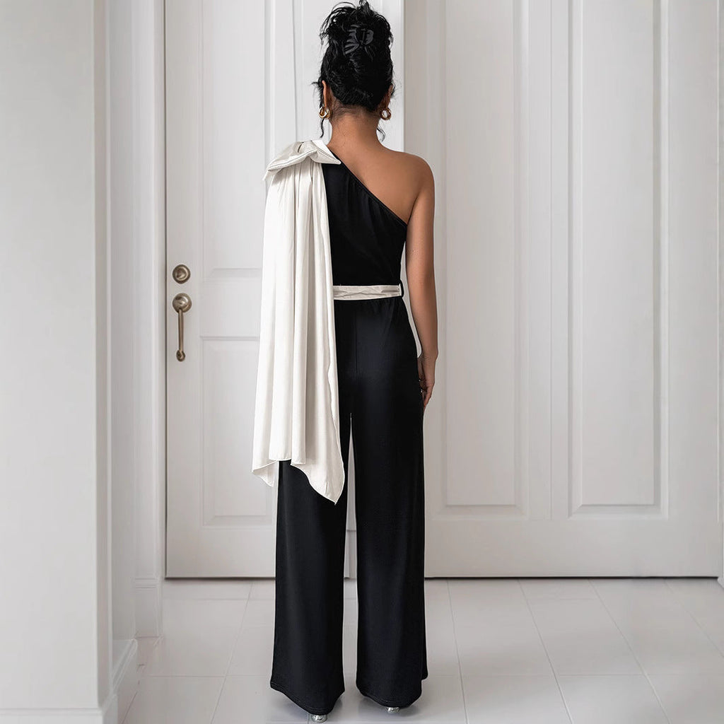 Elegant Women's Jumpsuit with Asymmetric Neckline and Decorative Waist Belt