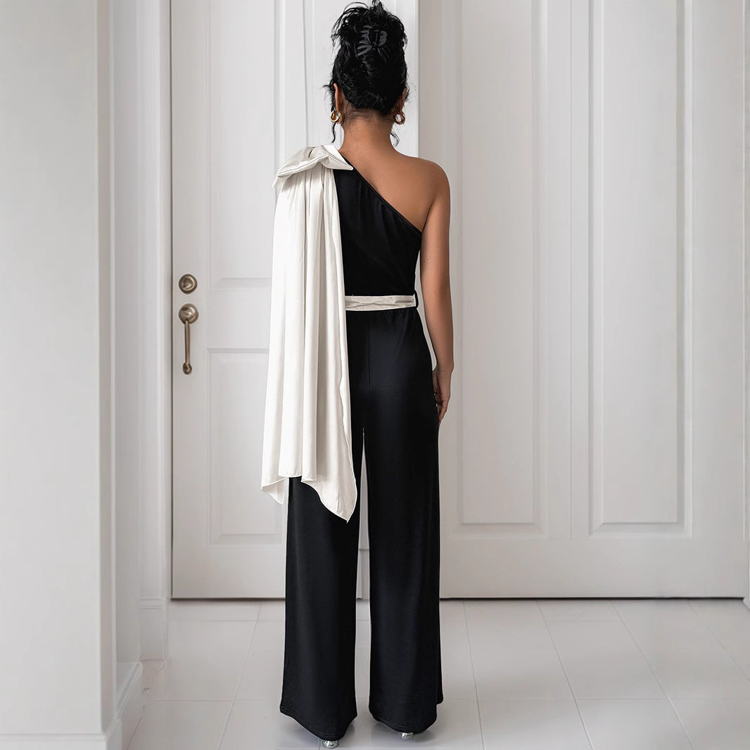 Elegant Women's Jumpsuit with Asymmetric Neckline and Decorative Waist Belt