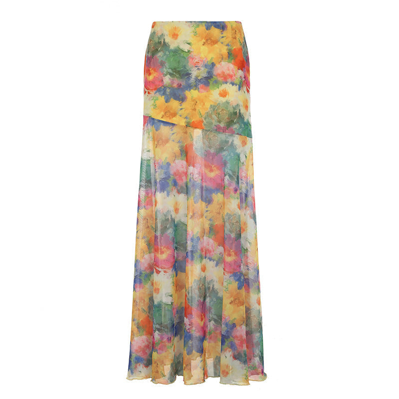 Women's Maxi Skirt with Floral Chiffon Design and Flowing Hem