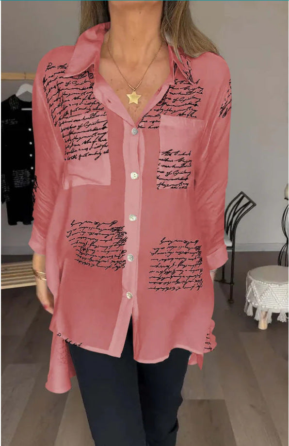 Women's Blouse with Modern Script Design and Loose Fit