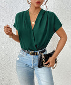 Women's Blouse Shirt with Elegant Wrap Look and Short Sleeves