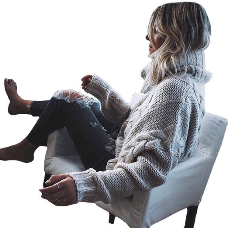 Women's Chunky Knit Sweater with High Collar and Cable Design