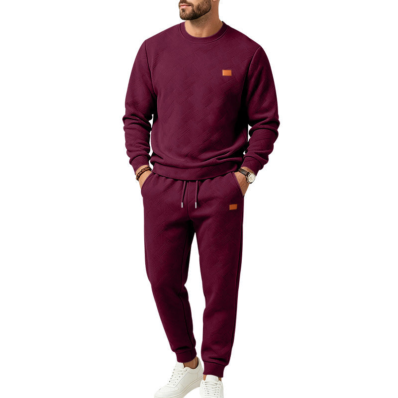 Men's leisure jogging suit made of textured fleece with round neckline and drawstring waistband