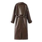 Women's Faux Leather Trench Coat with Fashionable Cut and Pockets