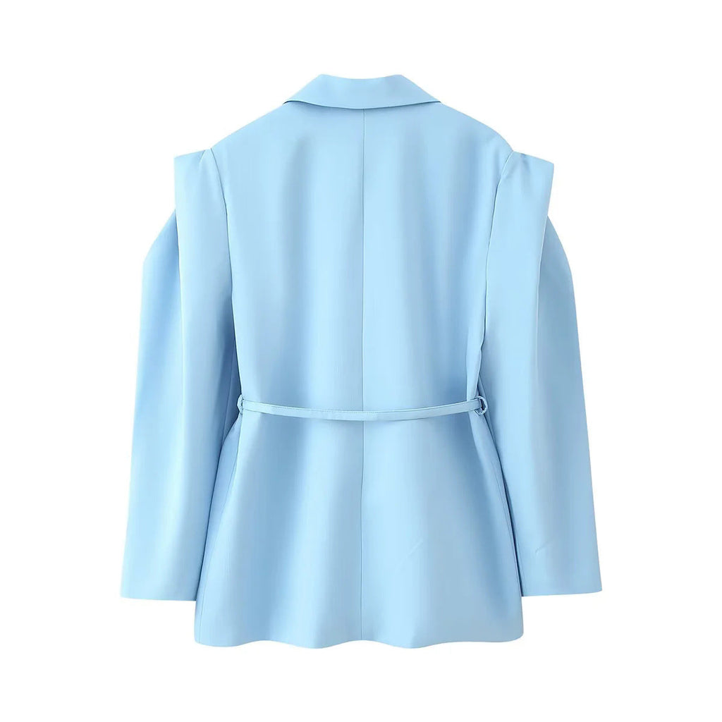 Women's Elegant Oversized Blazer Jacket with Belt and Shoulder Pads