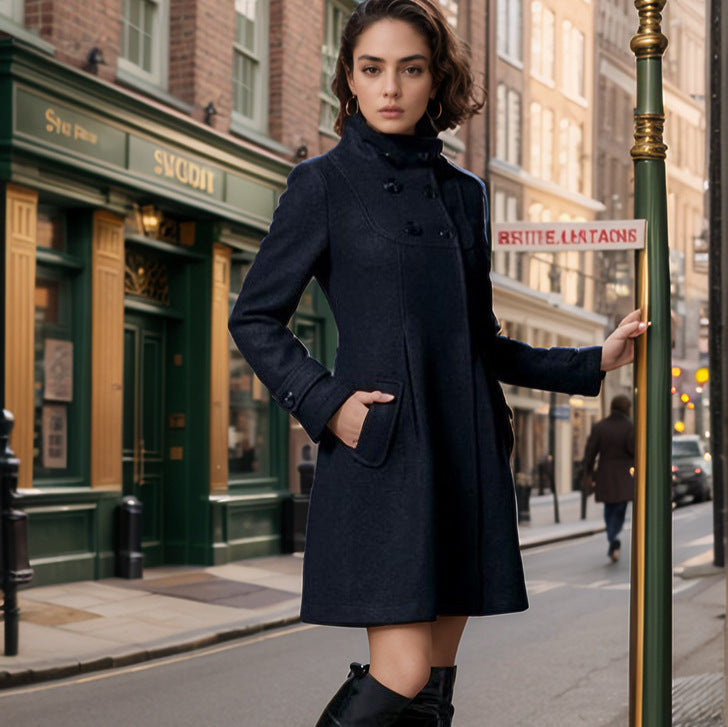 Women's Elegant Coat with High Collar and Functional Pockets