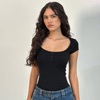 Women's Fitted Short-Sleeve Shirt with Deep Round Neck and Button Placket