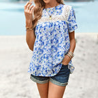 Women's Floral Blouse with Lace Trim