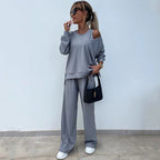 Women's Elegant Ribbed Knit Two-Piece Lounge Set with One-Shoulder Cut and Wide Palazzo Trousers
