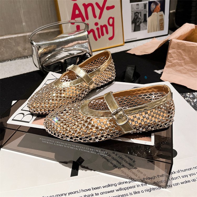 Women's Ballet Flats with Rhinestone Trim and Adjustable Strap