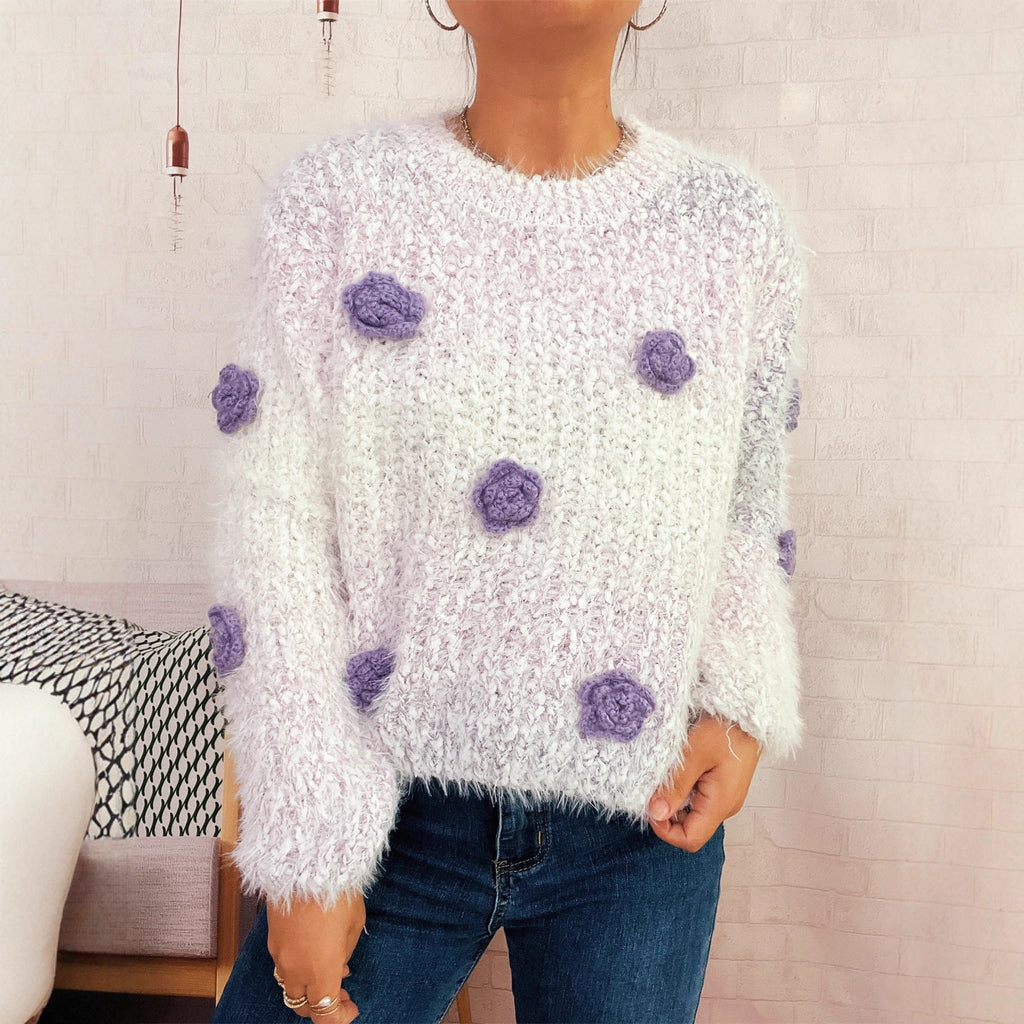 Cozy Fluffy Sweater with Playful Floral Appliqués