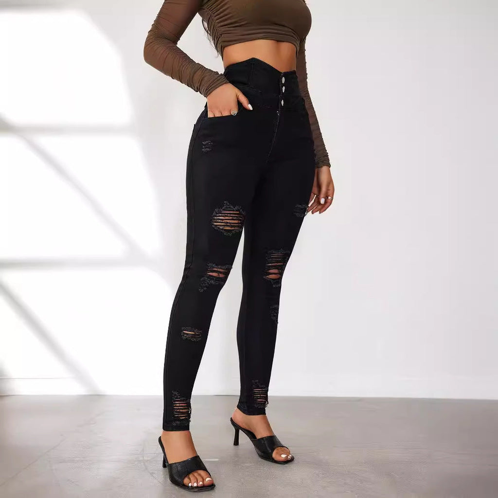 High-Waist Jeans with Distressed Details