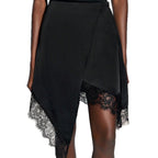 Women's Asymmetrical Wrap Skirt with Lace Trim and Satin-Like Drape