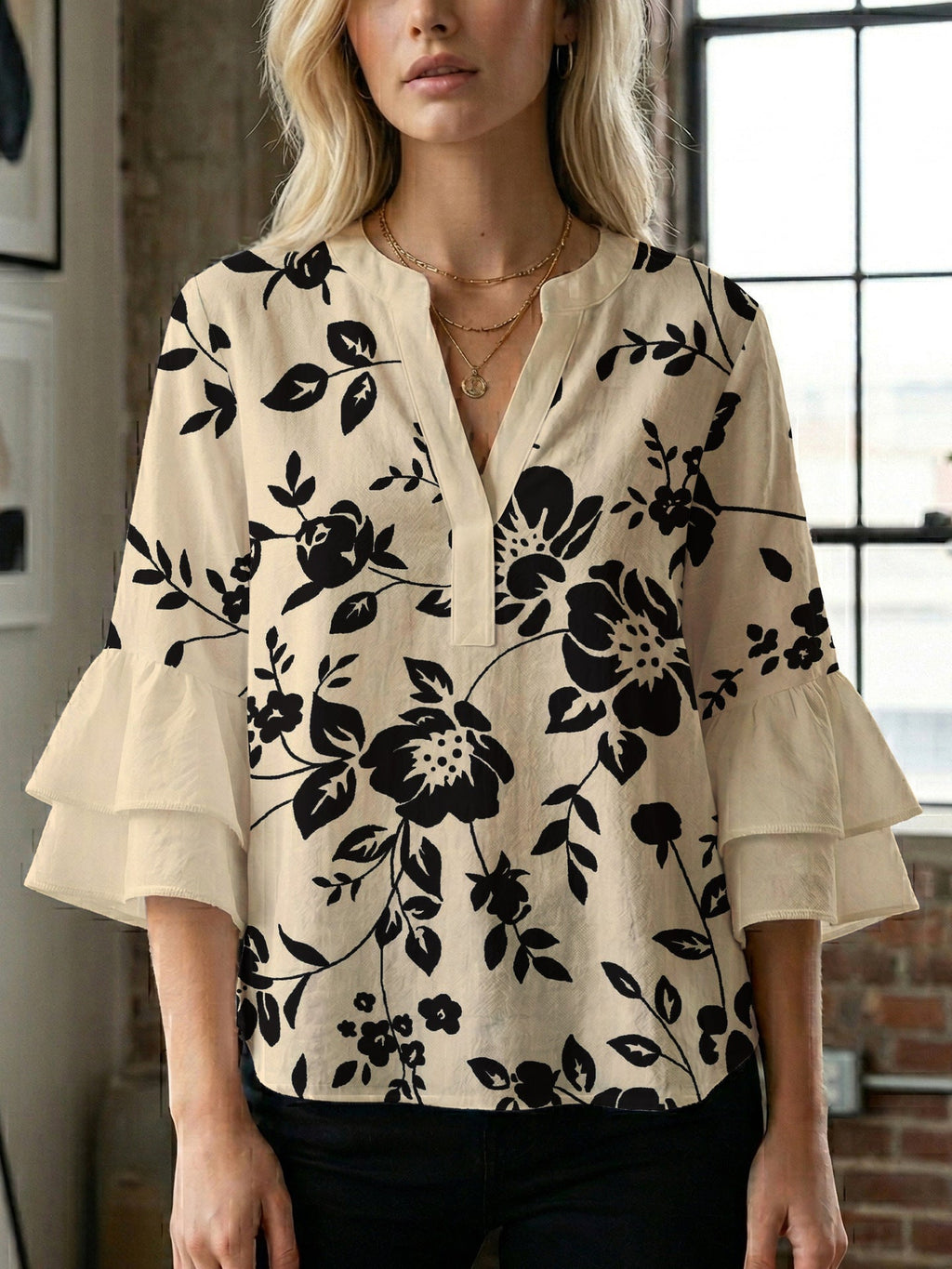 Casual Blouse with Ruffle Sleeves and Botanical Print