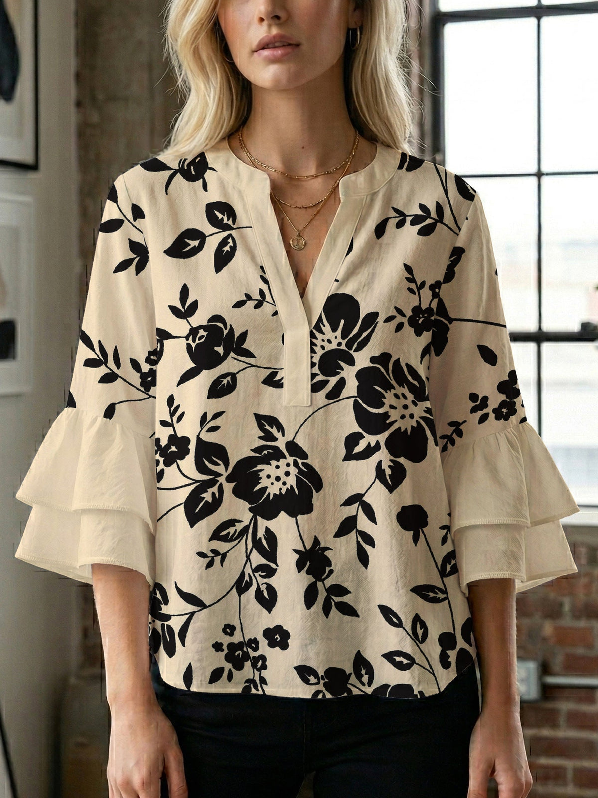 Casual Blouse with Ruffle Sleeves and Botanical Print