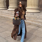 Women's Long Vegan Leather Coat with Distinctive Flaps