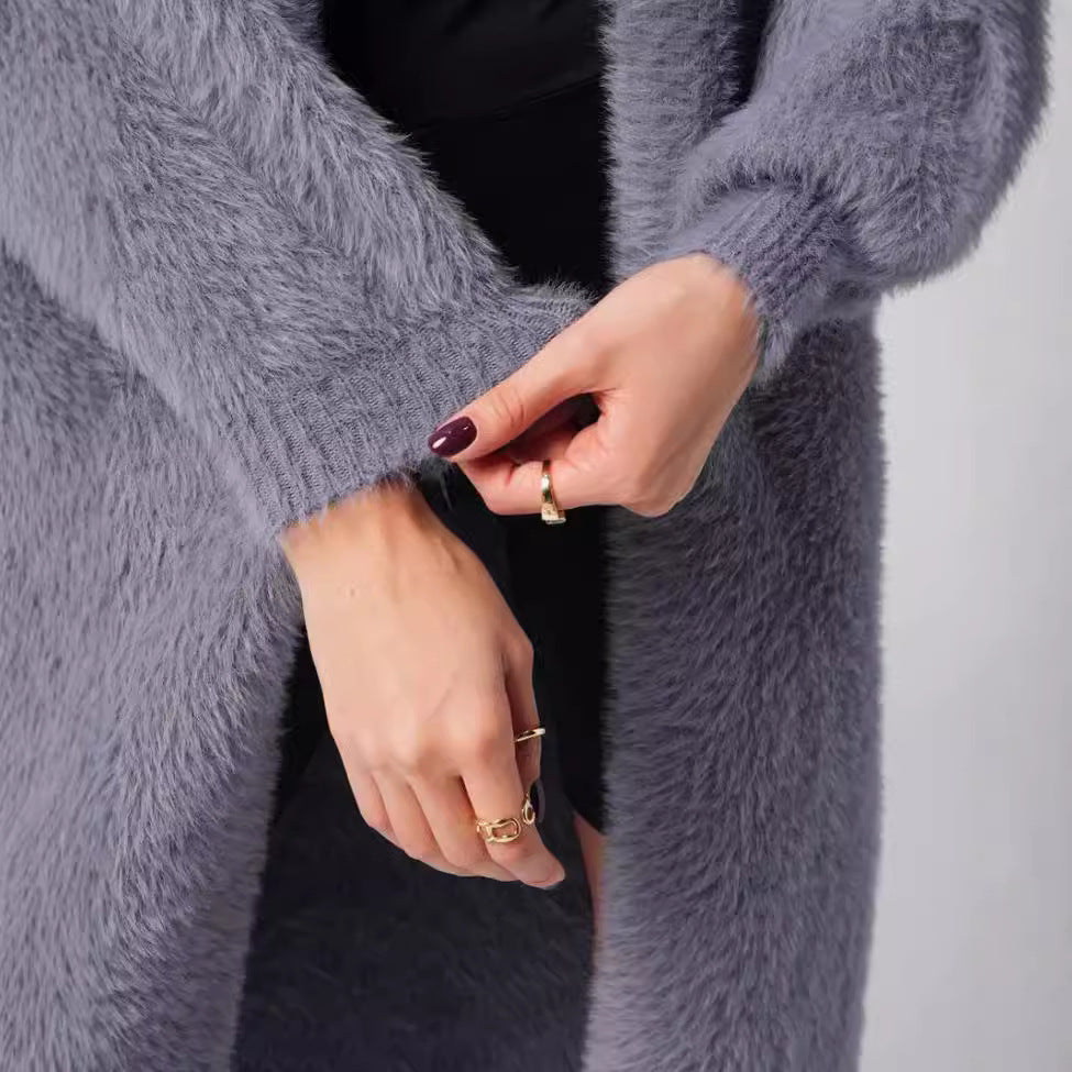 Women's Fluffy Long Knit Coat with Side Slit and Loose Fit