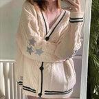 Women's Chunky Knit Cardigan with Unique Cable Structure and Decorative Stars