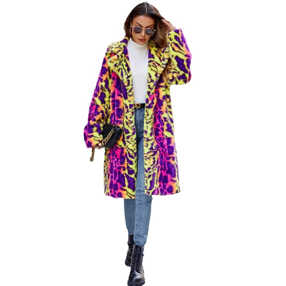 Women's Eye-Catching Faux Fur Coat with Modern Pattern