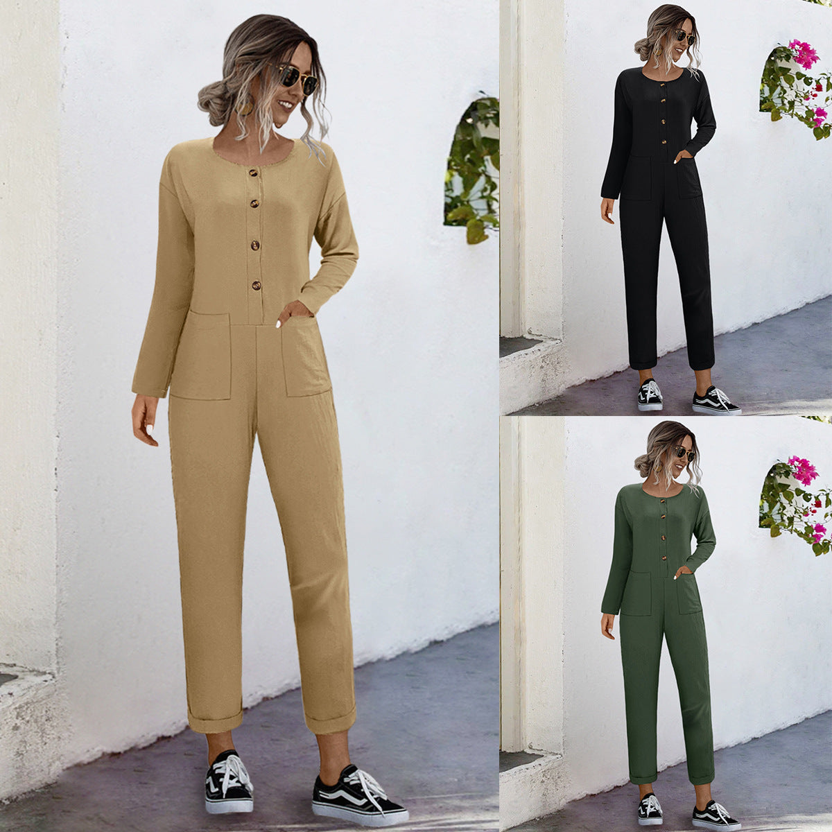 Casual Women's Jumpsuit with Pockets and Elegant Button Design