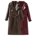 Women's Faux Leather Trench Coat with Elegant Cut and Belt