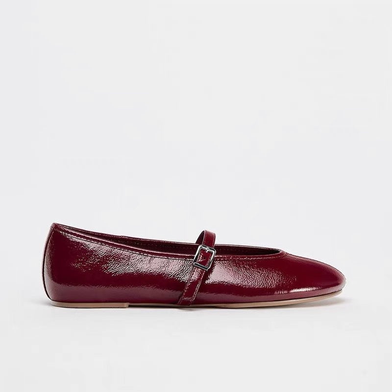 Women's Glossy Ballet Flats with Ankle Strap