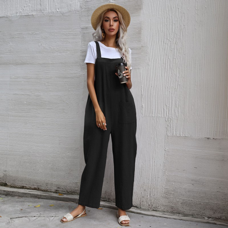Women's Casual Jumpsuit with Pockets and Adjustable Straps