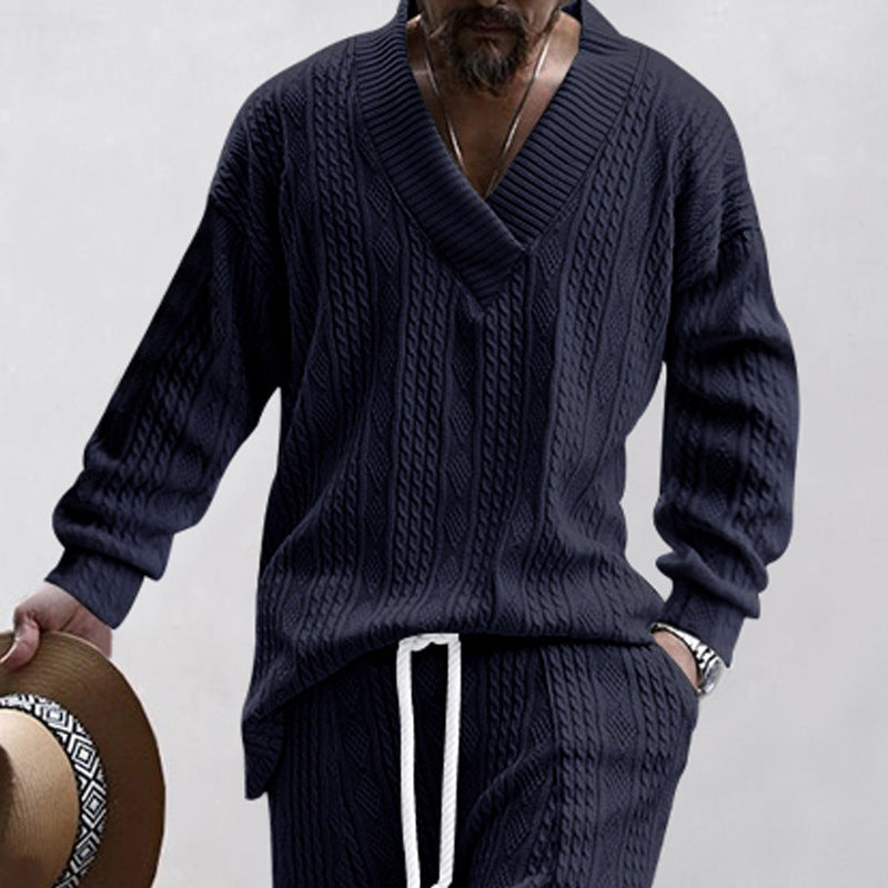 Men's relaxed knit ensemble with deep V-neck and elastic drawstring waistband