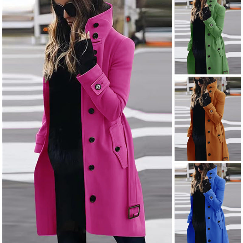Women's Elegant Trench Coat with High Collar and Practical Pockets