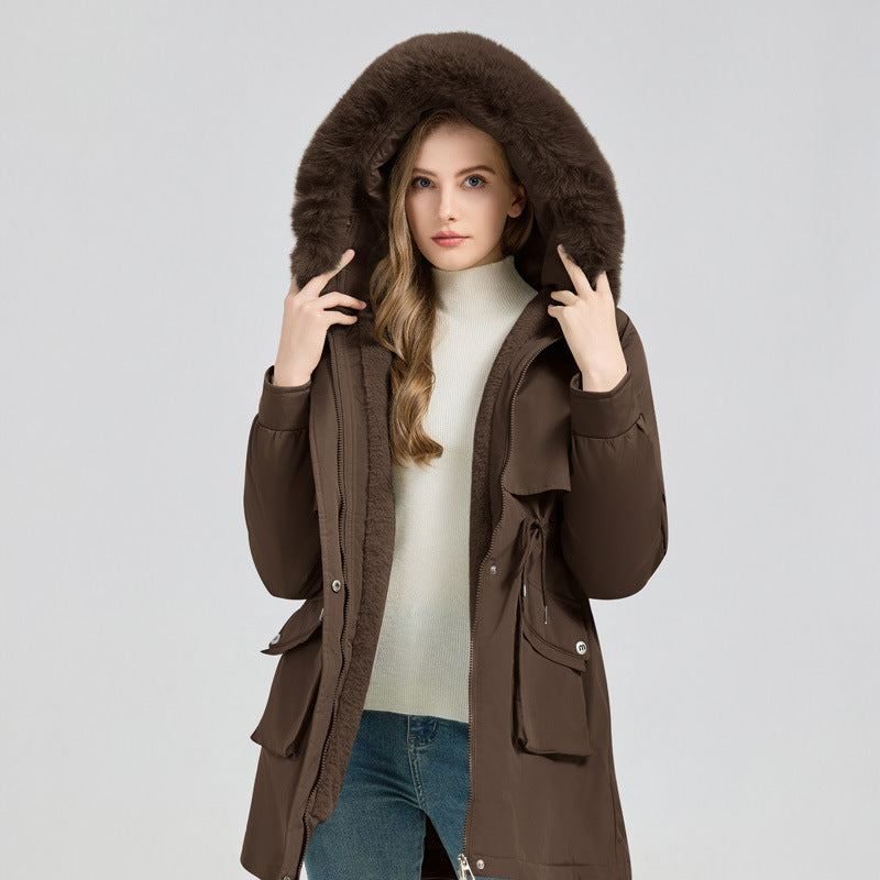 Women's Fashionable Puffer Jacket with Detachable Faux Fur Collar and Functional Pockets