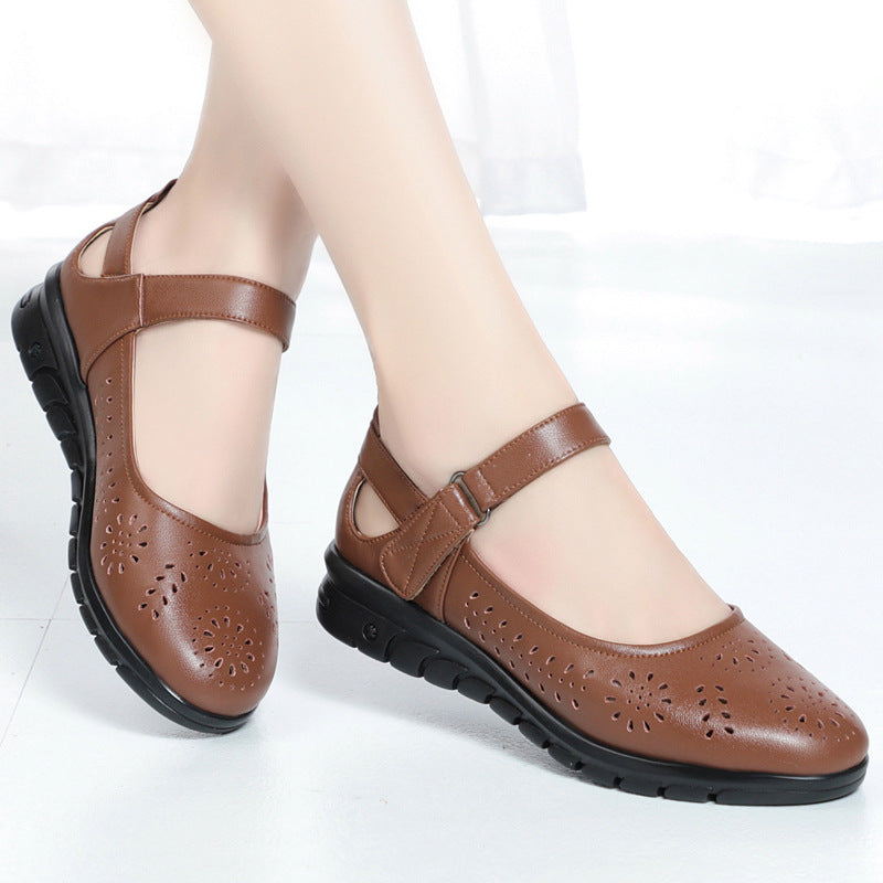 Women's Breathable Ballet Flats with Adjustable Strap and Patterned Cutouts