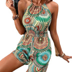 Women's Jumpsuit with Colorful Pattern and Elastic Waist
