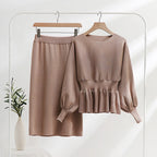 Elegant Knit Ensemble with Ruching and Balloon Sleeves