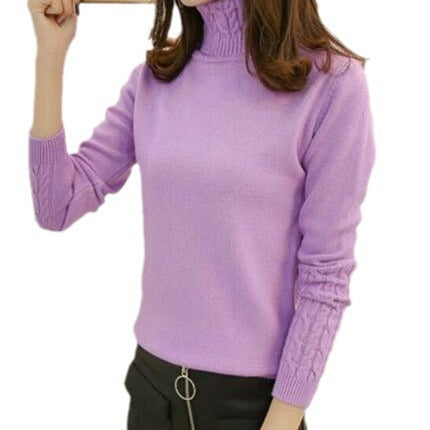 Women's Fine Knit Turtleneck Sweater with Cable Knit Pattern