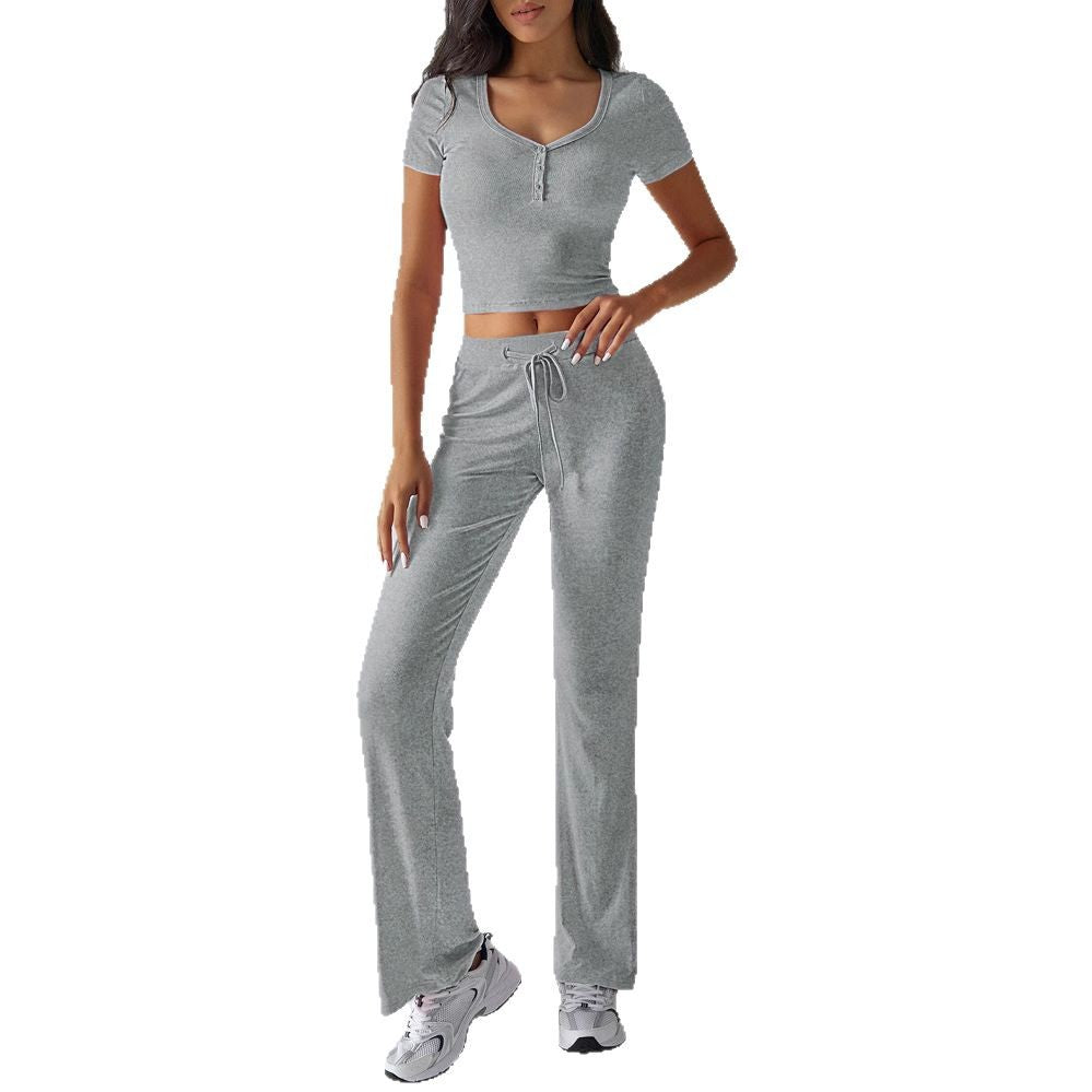Women's Comfortable Leisure Set with Short Top and Wide-Leg Pants
