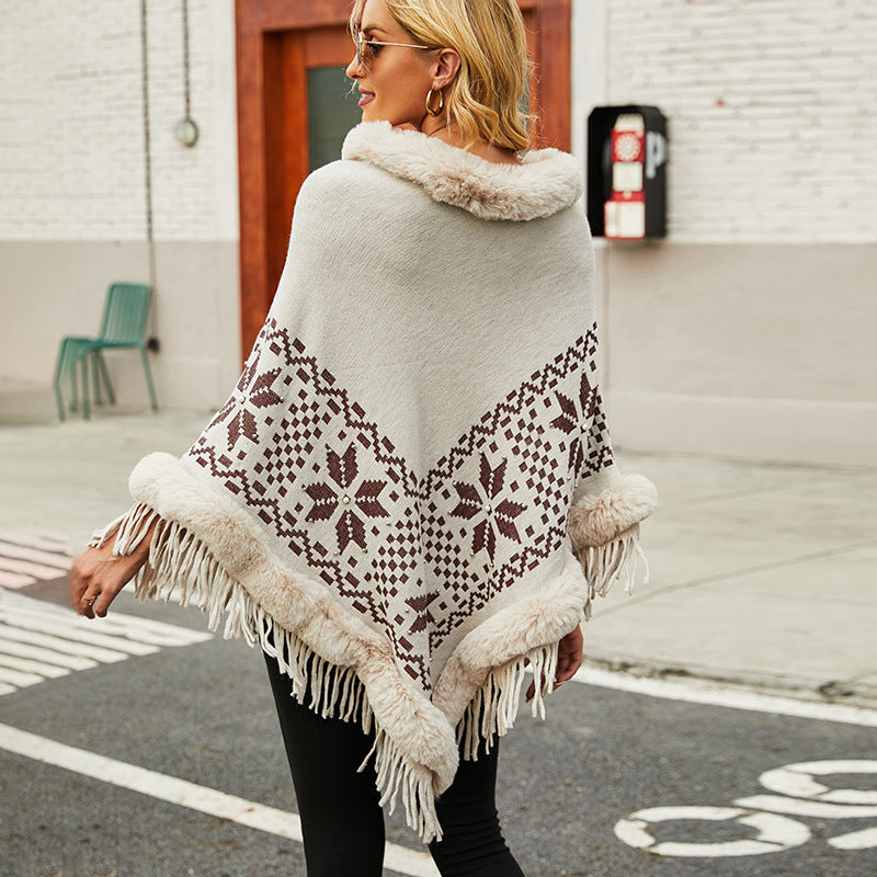 Women's Elegant Poncho with Decorative Fringe Design and Faux Fur Trim