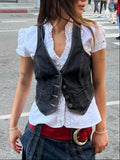 Women's Denim Vest with Elegant Button Details and Modern Pockets