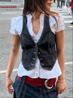 Women's Denim Vest with Elegant Button Details and Modern Pockets