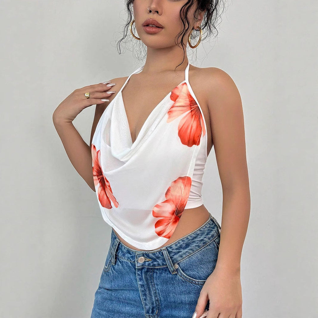 Women's Blouse Top with Deep V-Neck and Floral Design