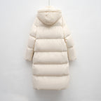 Women's Long Voluminous Down Coat with Detachable Hood and Side Pockets