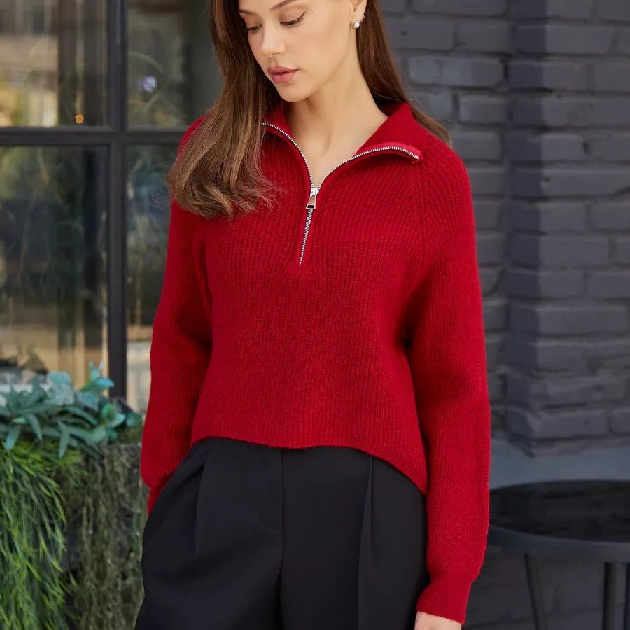 Women's Cozy Pullover with Collar and Zipper