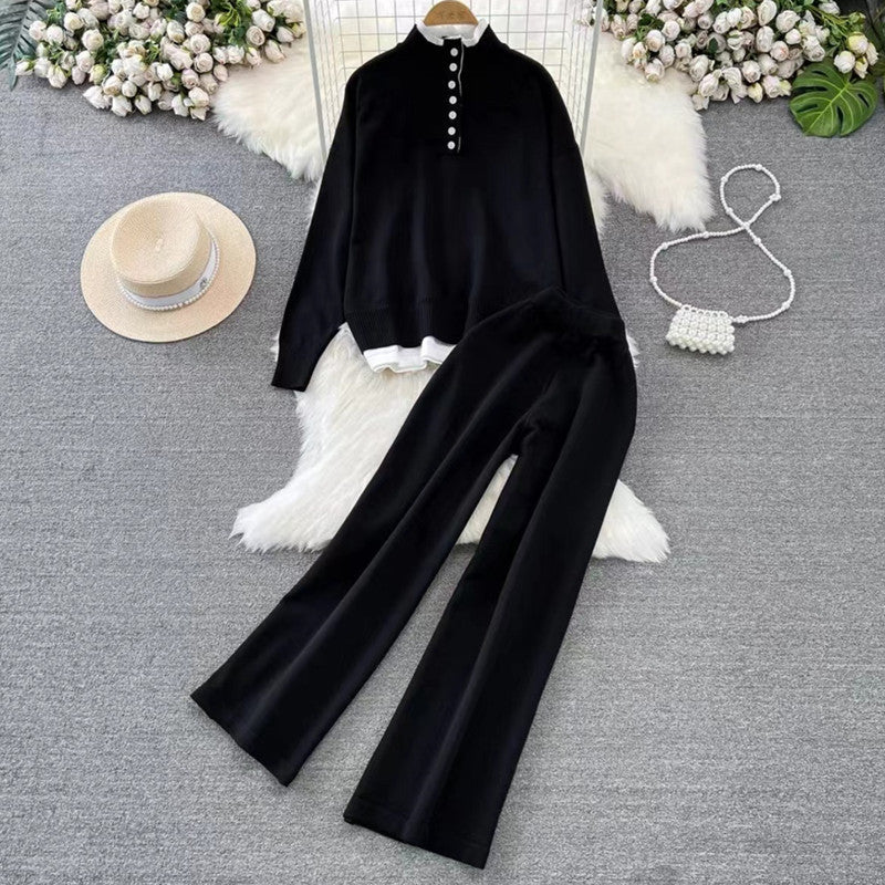 Women's Loungewear Set with Ribbed Texture and Button Detail