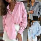 Casual Women's Cotton Blouse with Striped Design and Loose Fit
