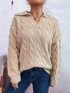 Women's Chunky Knit Sweater with Colorful Cable Design and Classic Collar