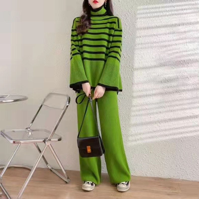 Women's Casual Knit Ensemble with High Collar and Wide Sleeves