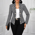 Women's Elegant Houndstooth Blazer with Shiny Buttons