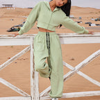 Women's Fashionable Cropped Sweat Set with Practical Pockets and Elastic Waistband
