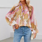 Women's Blouse with Artistic Print and Gathered Sleeves