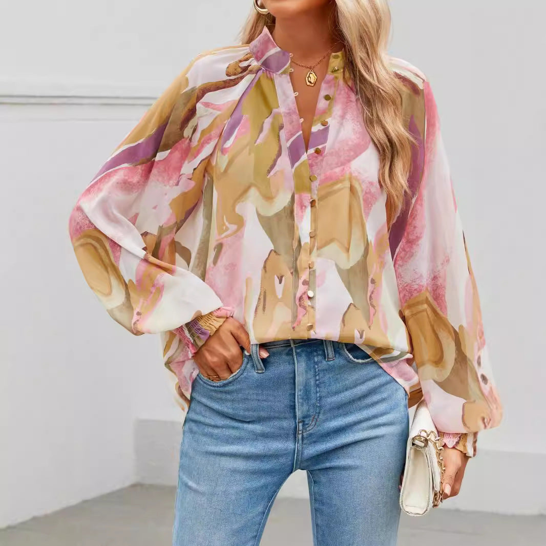 Women's Blouse with Artistic Print and Gathered Sleeves